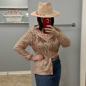 Blue B Sequin Fringe button up, Small, rose gold